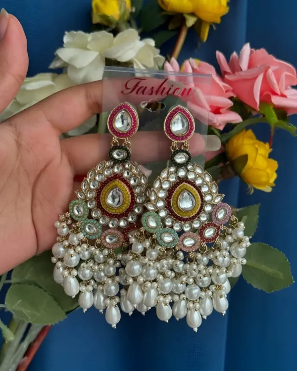 Multicolour Kundan Chandelier Earrings
