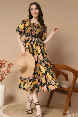 FLORAL PUFF SLEEVE MIDI DRESS