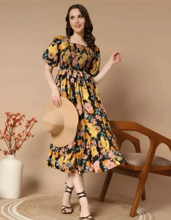 FLORAL PUFF SLEEVE MIDI DRESS
