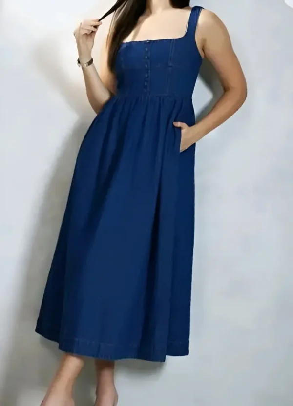 WOMEN SLEEVELES DENIM MIDI DRESS WITH SQUARE NECK