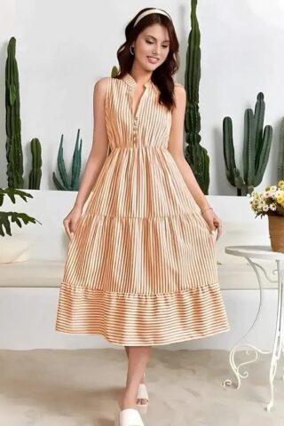 SLEEVELESS STRIPED BUTTON-FRONT MIDI DRESS-CASUAL SUMMER SUNDRESS