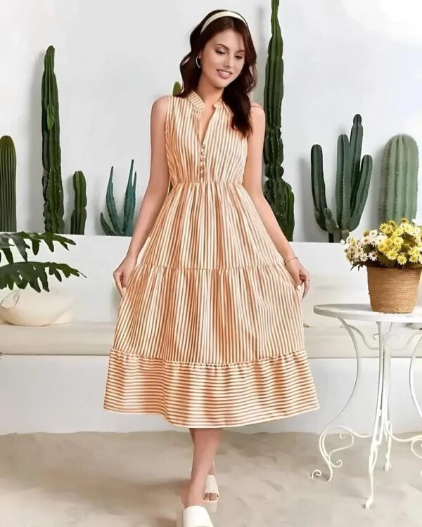 SLEEVELESS STRIPED BUTTON-FRONT MIDI DRESS-CASUAL SUMMER SUNDRESS