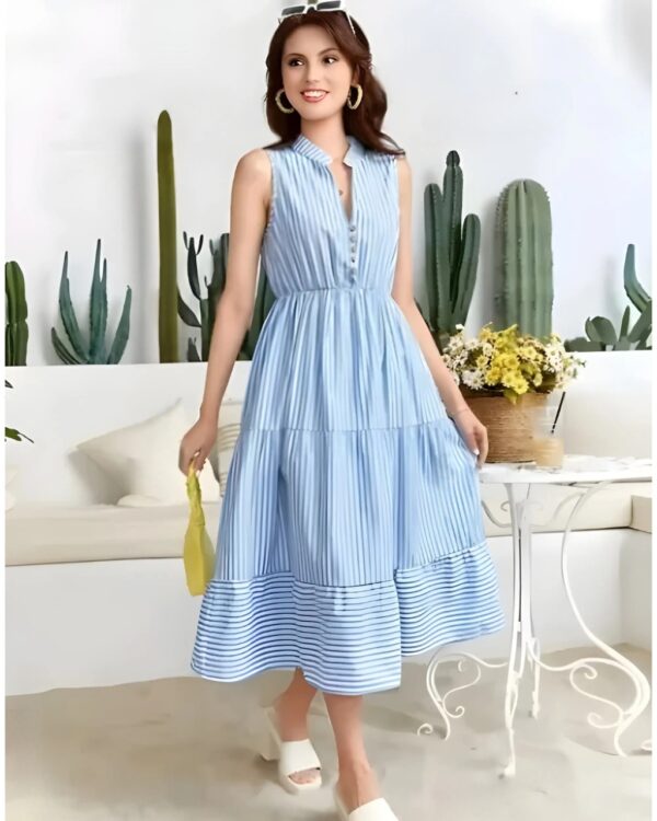 SLEEVELESS STRIPED BUTTON-FRONT MIDI DRESS-CASUAL SUMMER SUNDRESS