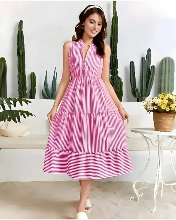SLEEVELESS STRIPED BUTTON-FRONT MIDI DRESS-CASUAL SUMMER SUNDRESS