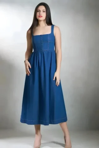 WOMEN SLEEVELES DENIM MIDI DRESS WITH SQUARE NECK
