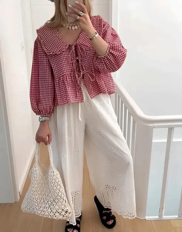 WOMEN RED GINGHAM CHECK PEPLUM TOP WITH PUFF SLEEVES - Image 2