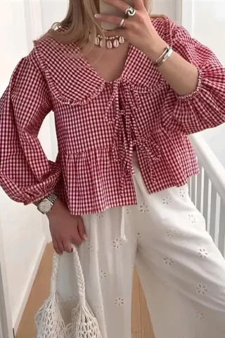 WOMEN RED GINGHAM CHECK PEPLUM TOP WITH PUFF SLEEVES