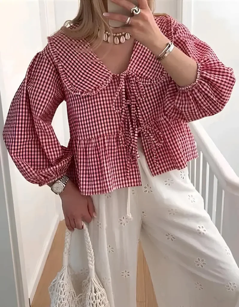 WOMEN RED GINGHAM CHECK PEPLUM TOP WITH PUFF SLEEVES 