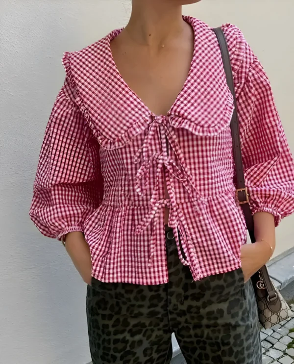 WOMEN RED GINGHAM CHECK PEPLUM TOP WITH PUFF SLEEVES