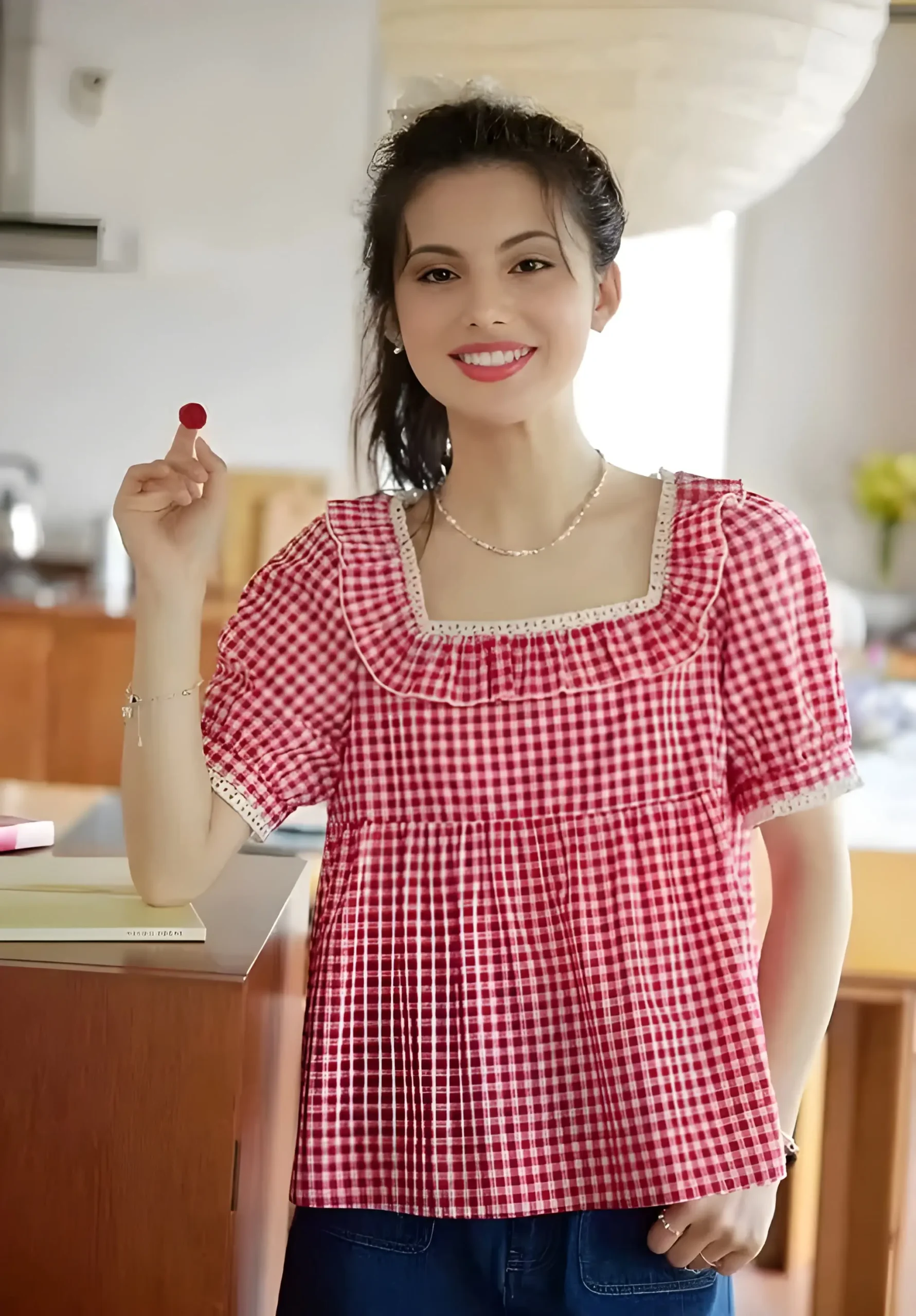 RED GINGHAM CHECKERED SQUARE NECK RUFFLE TOP