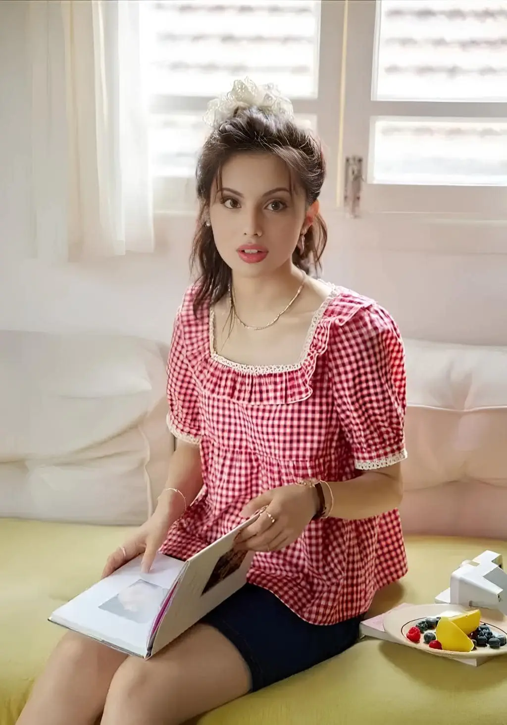 RED GINGHAM CHECKERED SQUARE NECK RUFFLE TOP