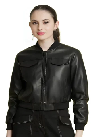 WOMEN BLACK FAUX LEATHER BOMBER JACKET