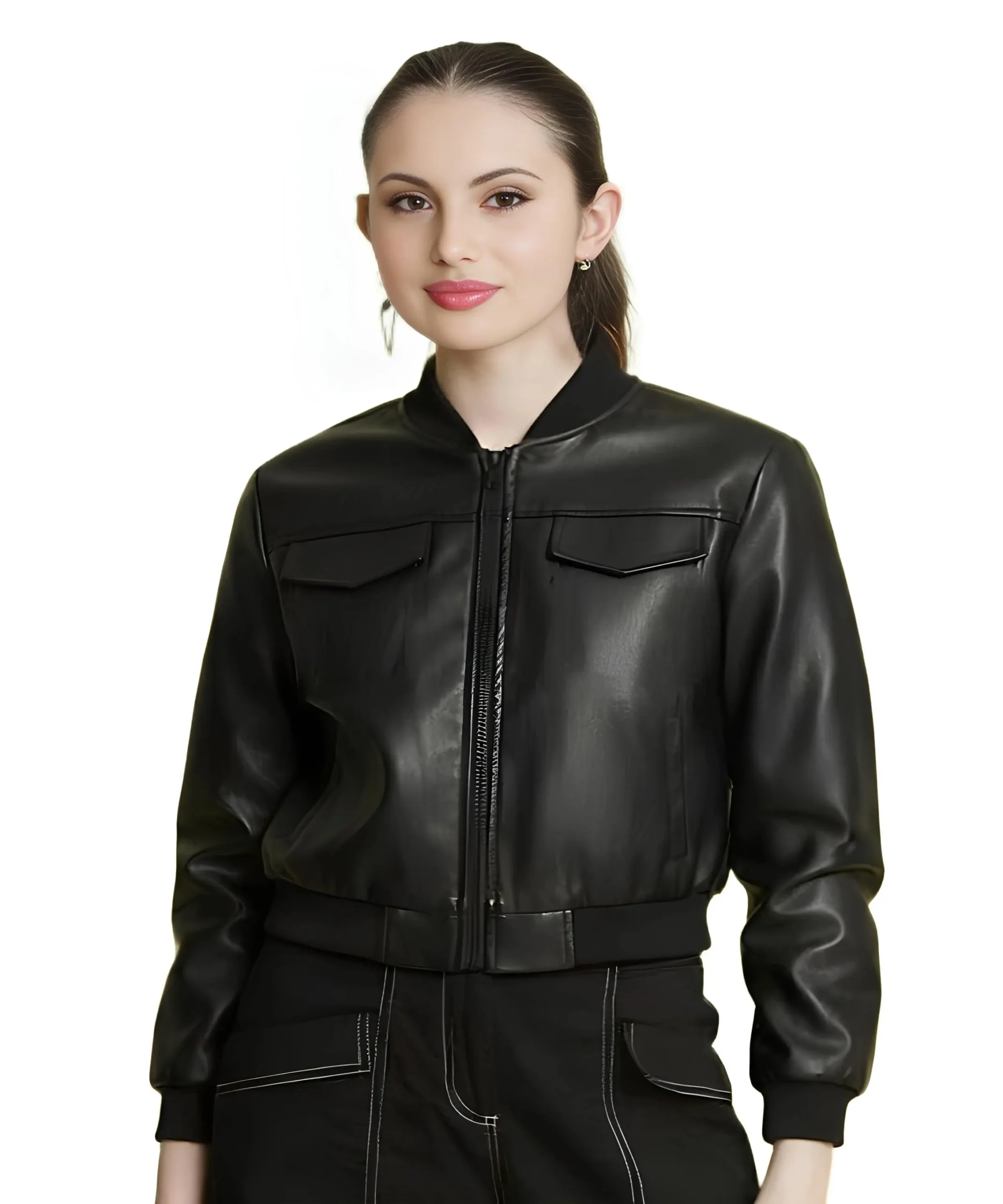 WOMEN BLACK FAUX LEATHER BOMBER JACKET