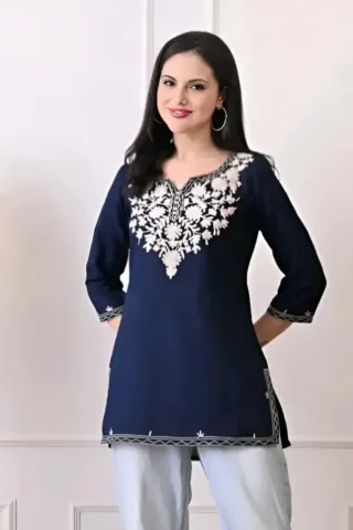 NAVY BLUE EMBROIDERED PHERANS KURTI
