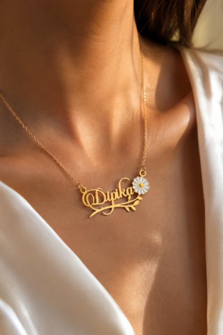 CUSTOM FLOWER NAME NECKLACE FOR WOMEN ELEGANT GOLD FLORAL PENDANT