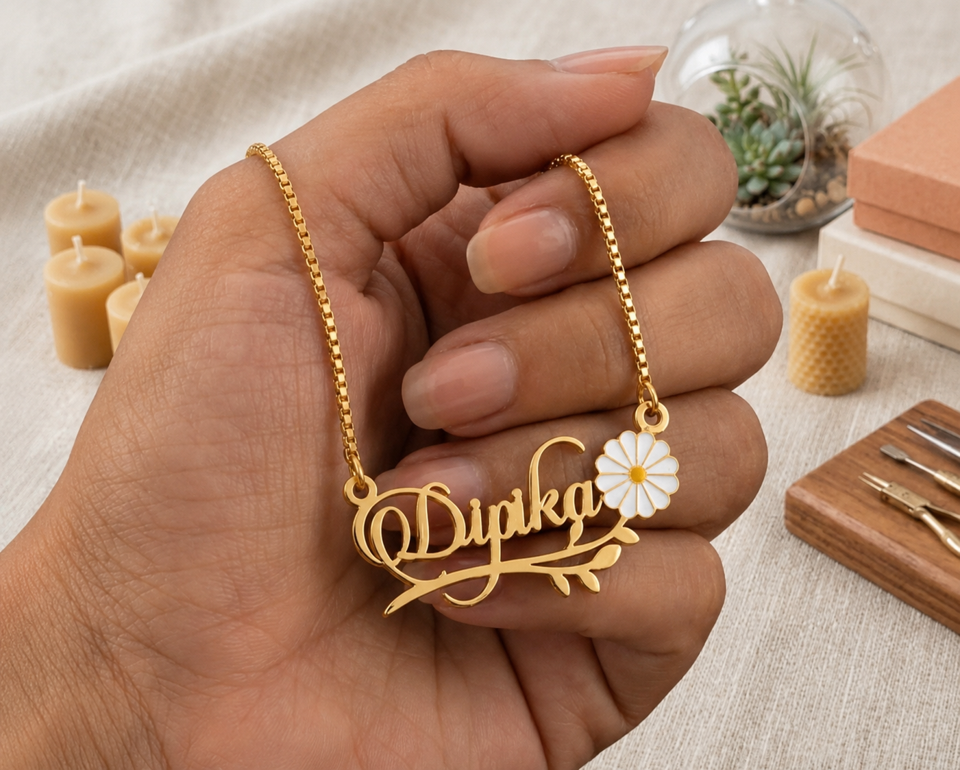 CUSTOM FLOWER NAME NECKLACE FOR WOMEN ELEGANT GOLD FLORAL PENDANT