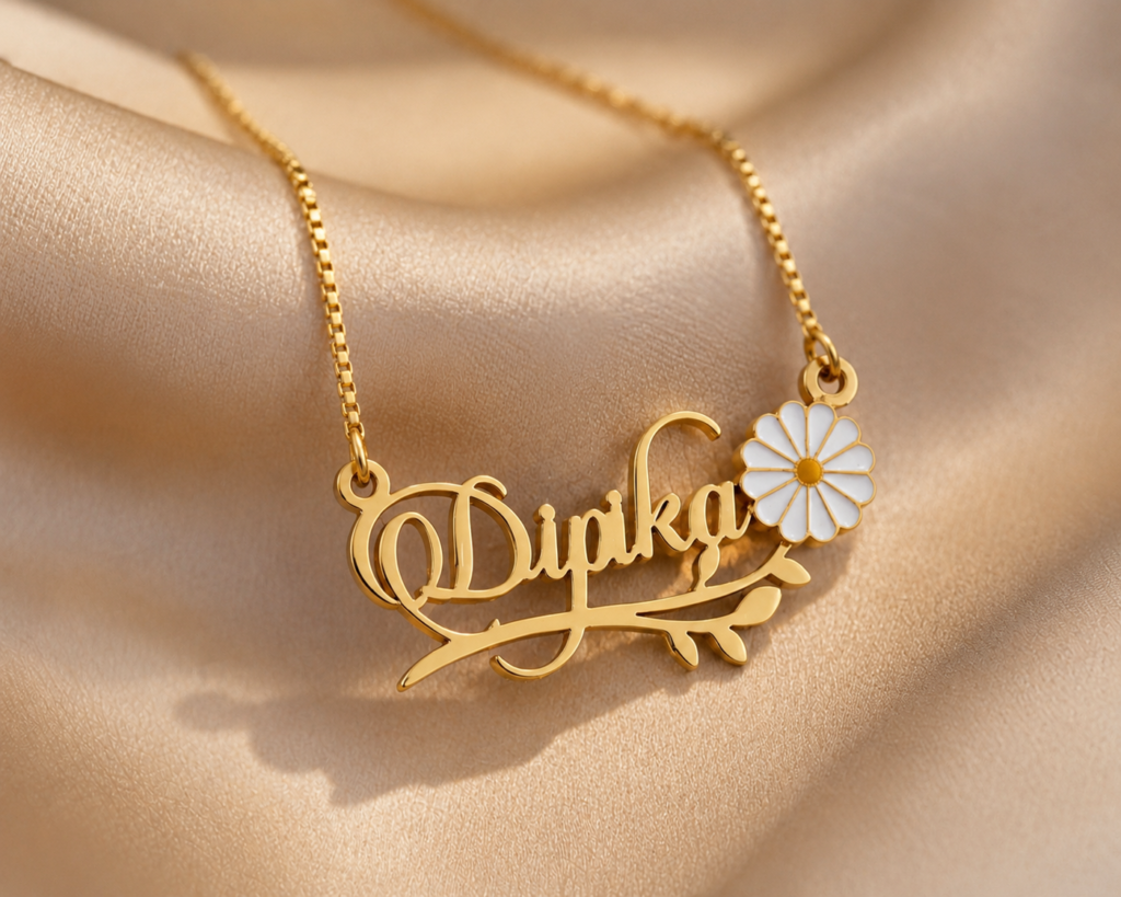 CUSTOM FLOWER NAME NECKLACE FOR WOMEN ELEGANT GOLD FLORAL PENDANT