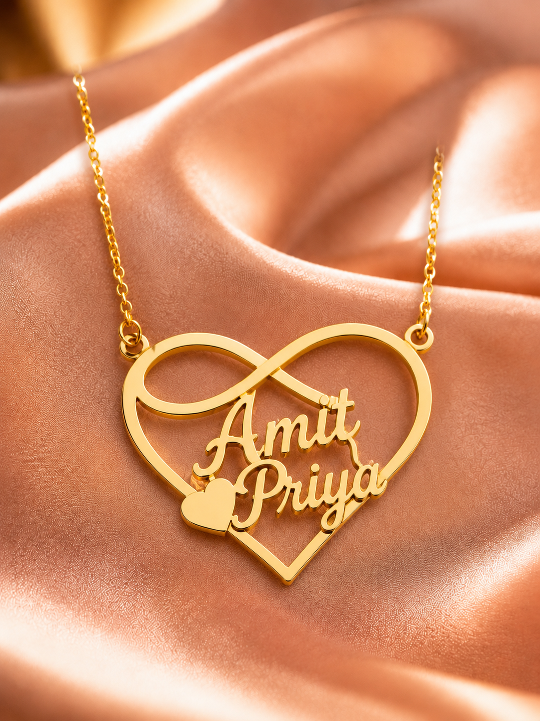 CUSTOM INFINITY HEART COUPLE NAME NECKLACE – PERSONALIZED GOLD PENDANT