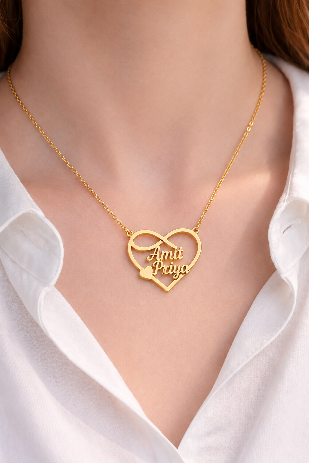 CUSTOM INFINITY HEART COUPLE NAME NECKLACE – PERSONALIZED GOLD PENDANT