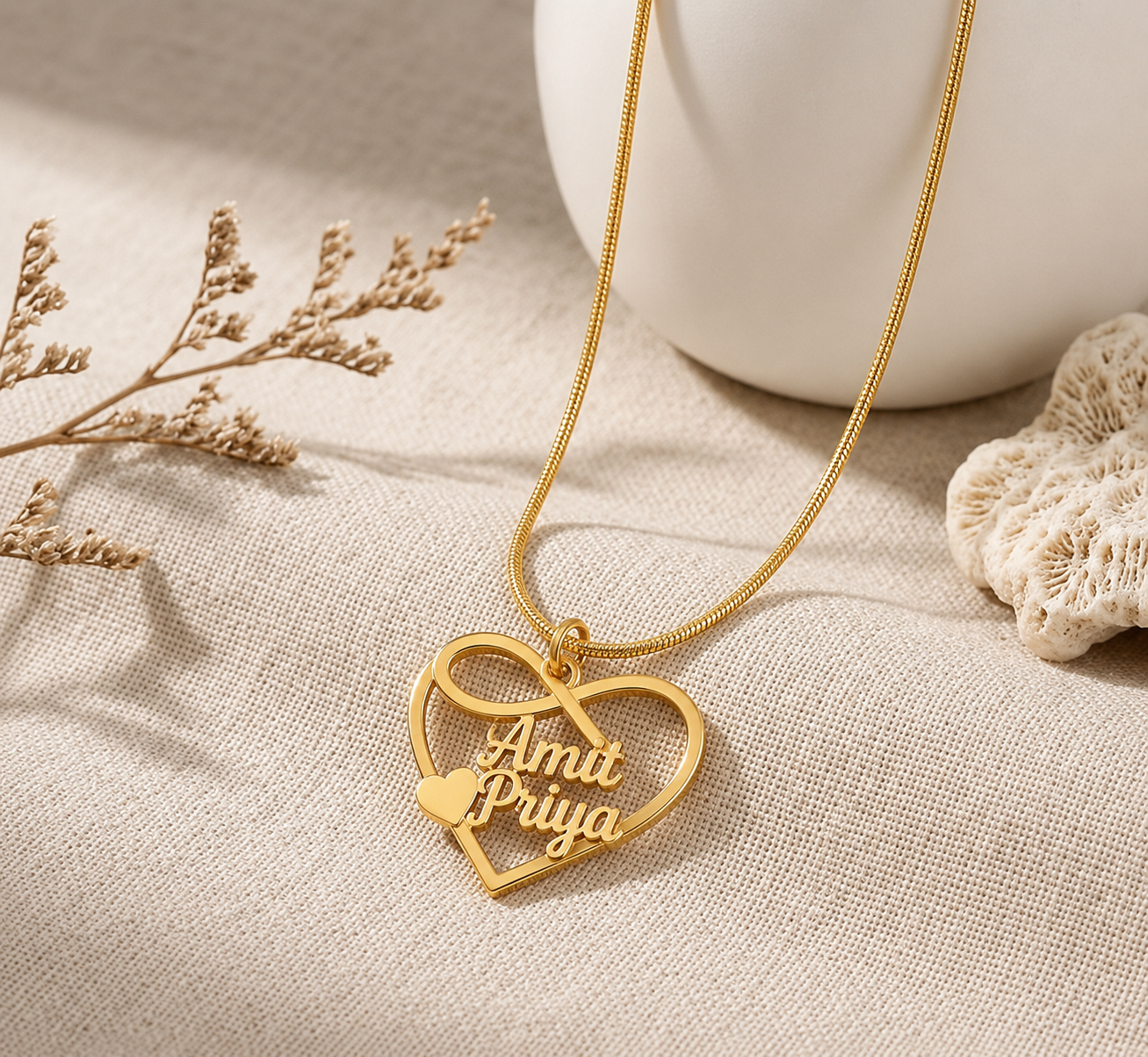 CUSTOM INFINITY HEART COUPLE NAME NECKLACE – PERSONALIZED GOLD PENDANT