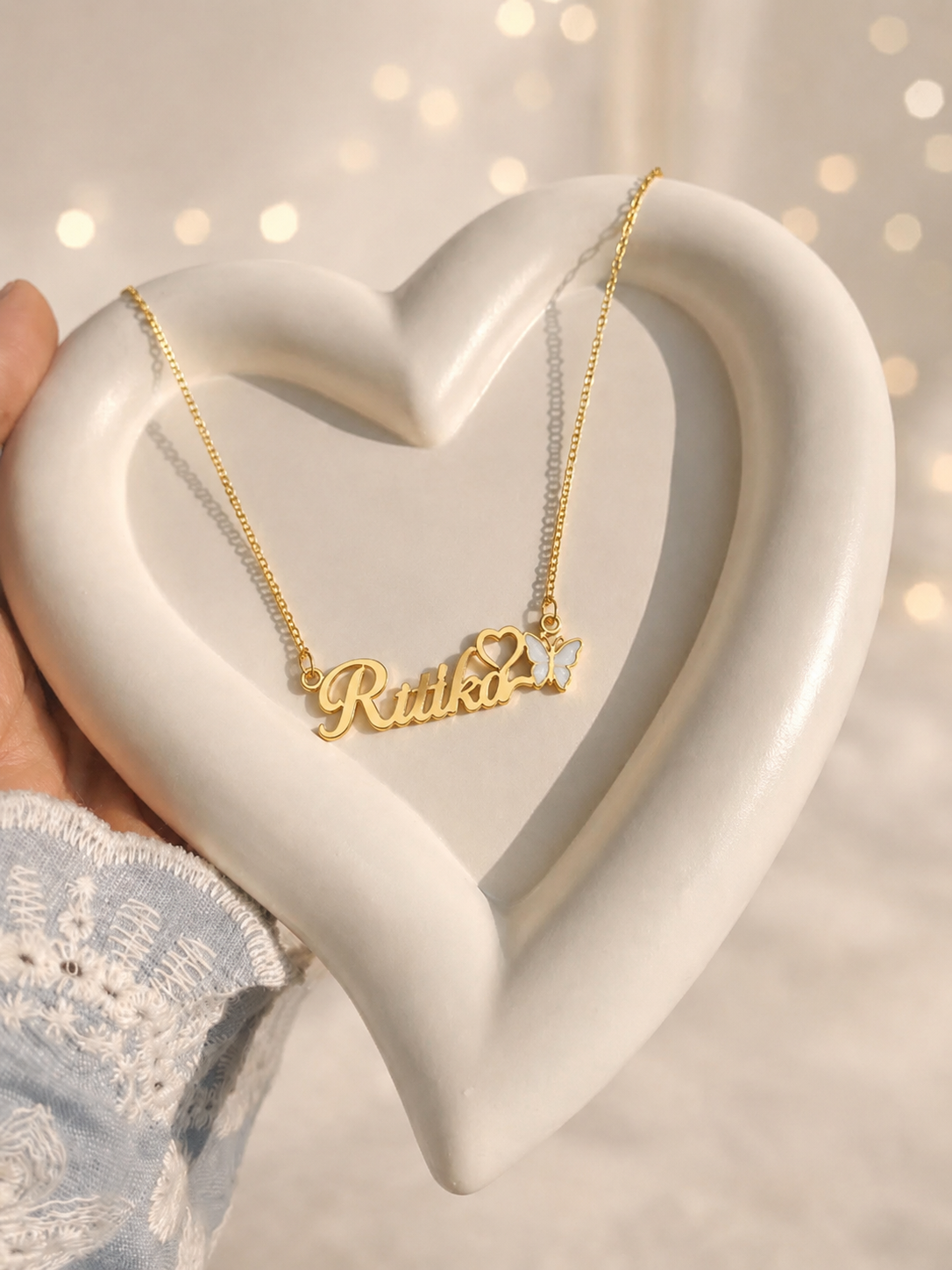 PERSONALIZED NAME NECKLACE WITH HEART & BUTTERFLY – CUSTOM GOLD NAME PENDANT