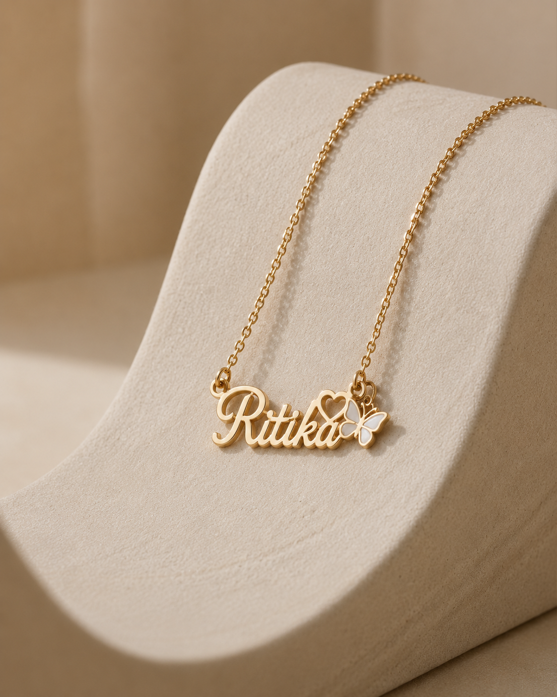 PERSONALIZED NAME NECKLACE WITH HEART & BUTTERFLY – CUSTOM GOLD NAME PENDANT