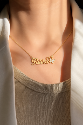PERSONALIZED NAME NECKLACE WITH HEART & BUTTERFLY – CUSTOM GOLD NAME PENDANT