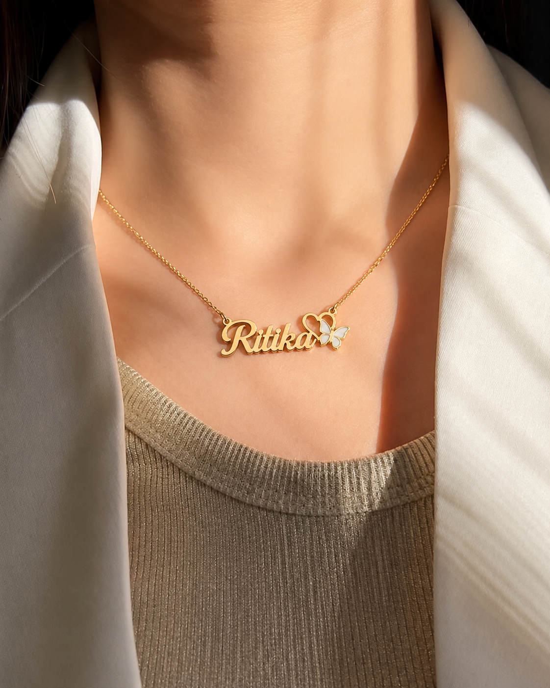 PERSONALIZED NAME NECKLACE WITH HEART & BUTTERFLY – CUSTOM GOLD NAME PENDANT