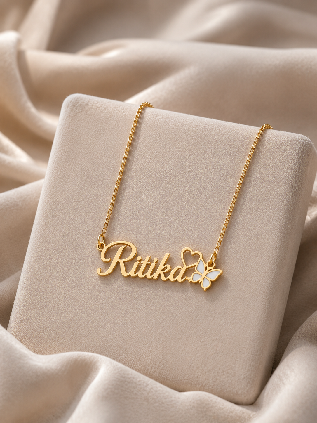 PERSONALIZED NAME NECKLACE WITH HEART & BUTTERFLY – CUSTOM GOLD NAME PENDANT