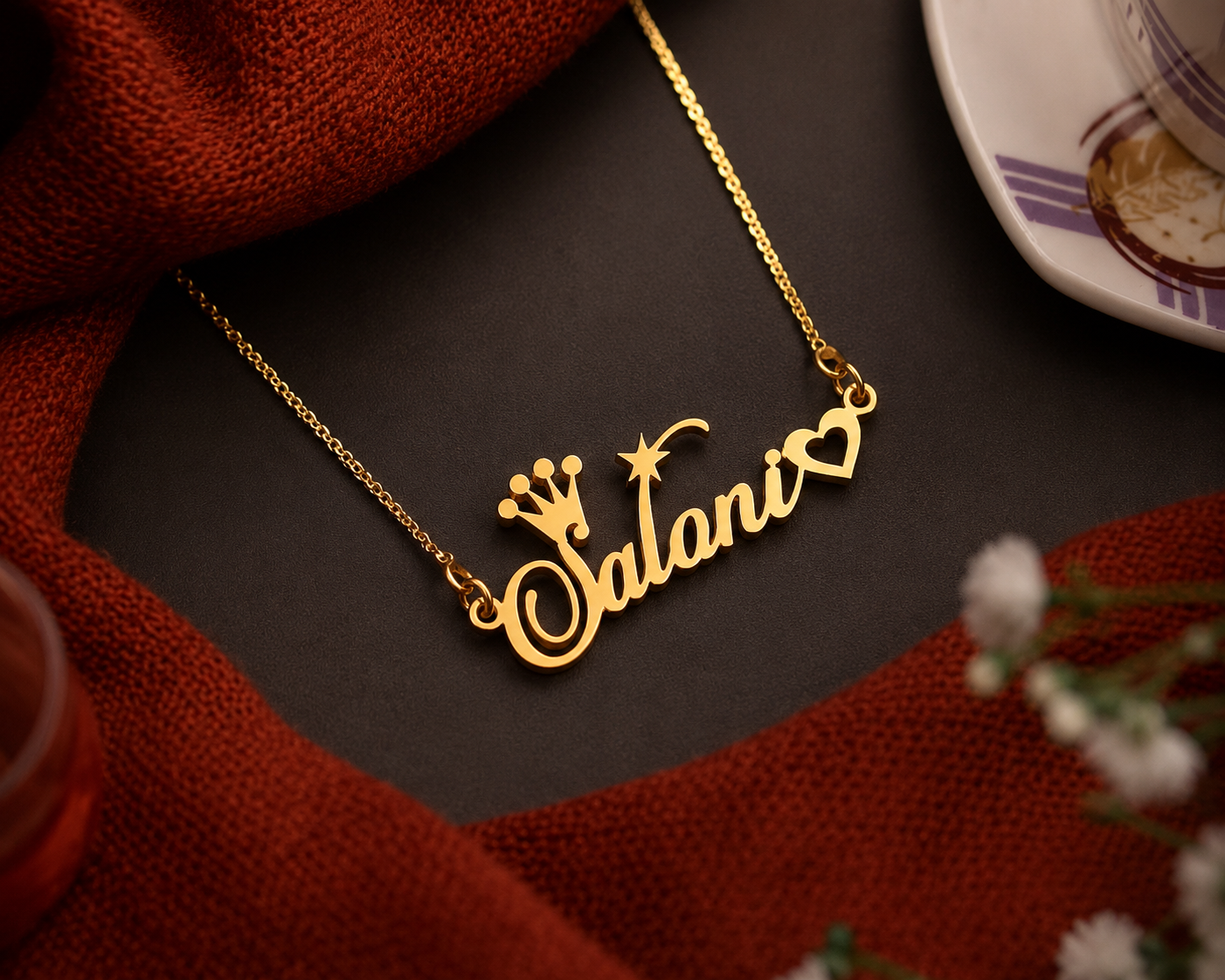CUSTOM CROWN & HEART NAME NECKLACE – PERSONALIZED GOLD PENDANT