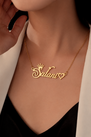 CUSTOM CROWN & HEART NAME NECKLACE – PERSONALIZED GOLD PENDANT