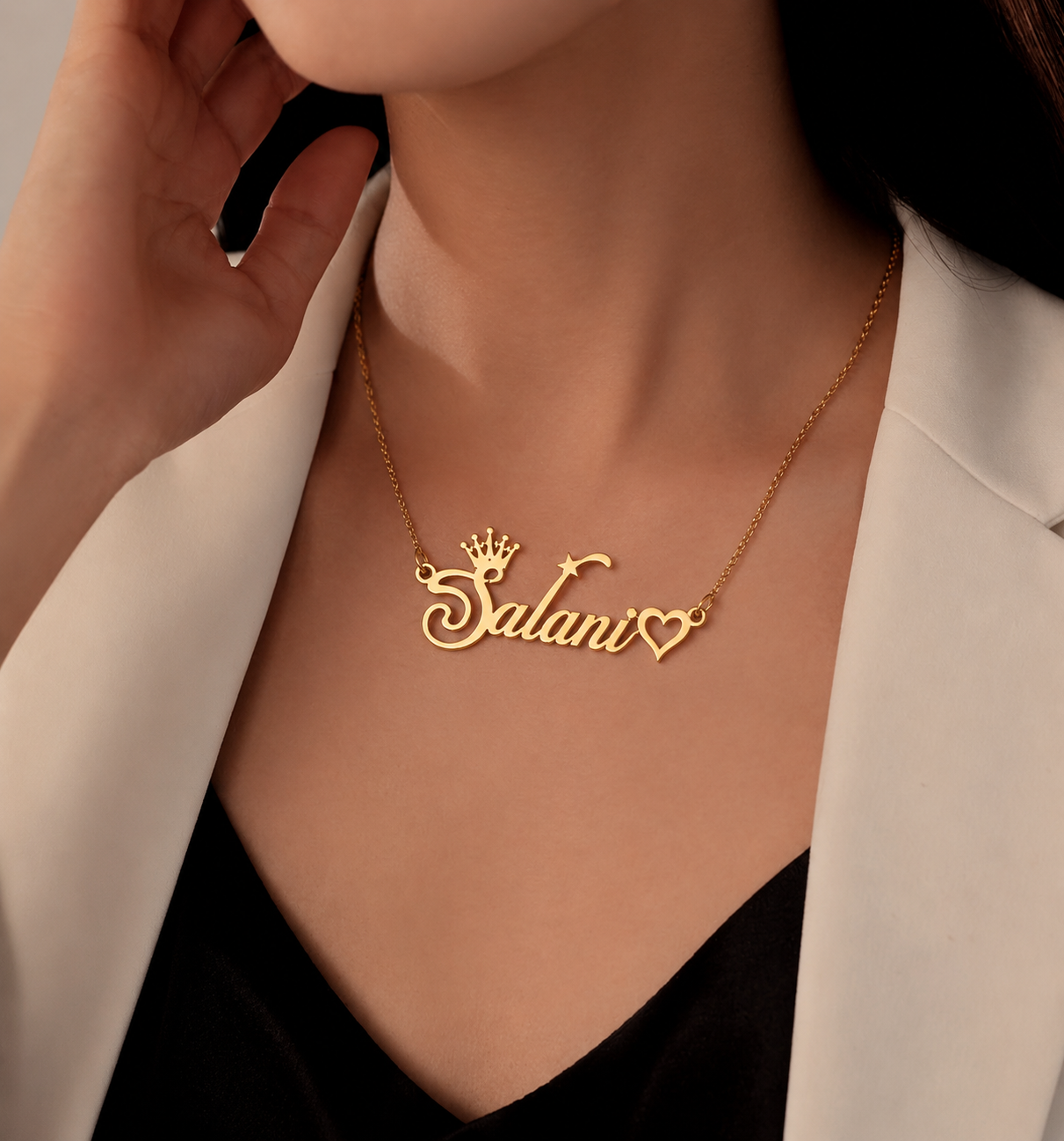 CUSTOM CROWN & HEART NAME NECKLACE – PERSONALIZED GOLD PENDANT