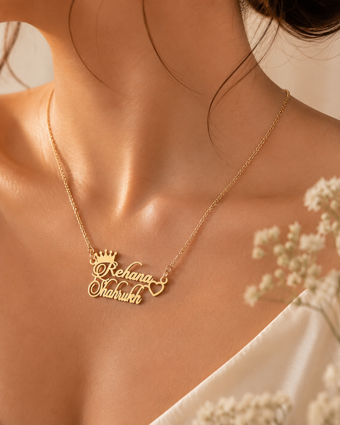 CUSTOM COUPLE NAME NECKLACE WITH CROWN & HEART – PERSONALIZED GOLD NAME PENDANT