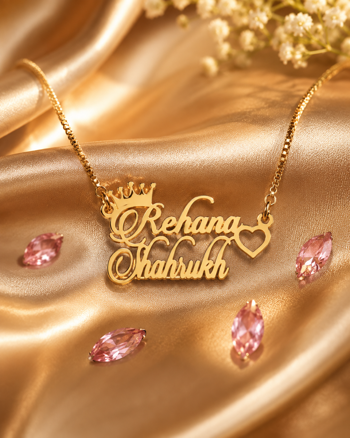 CUSTOM COUPLE NAME NECKLACE WITH CROWN & HEART – PERSONALIZED GOLD NAME PENDANT