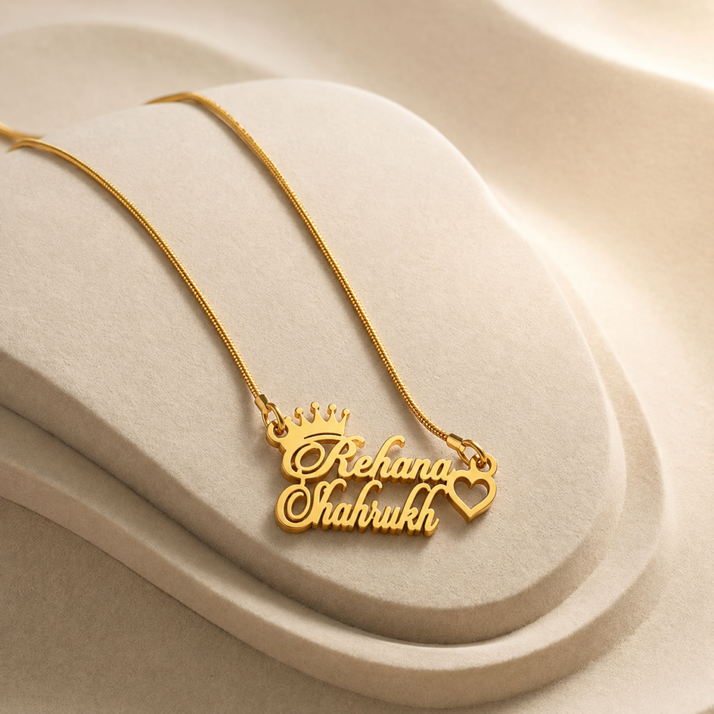 CUSTOM COUPLE NAME NECKLACE WITH CROWN & HEART – PERSONALIZED GOLD NAME PENDANT