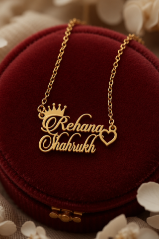 CUSTOM COUPLE NAME NECKLACE WITH CROWN & HEART – PERSONALIZED GOLD NAME PENDANT