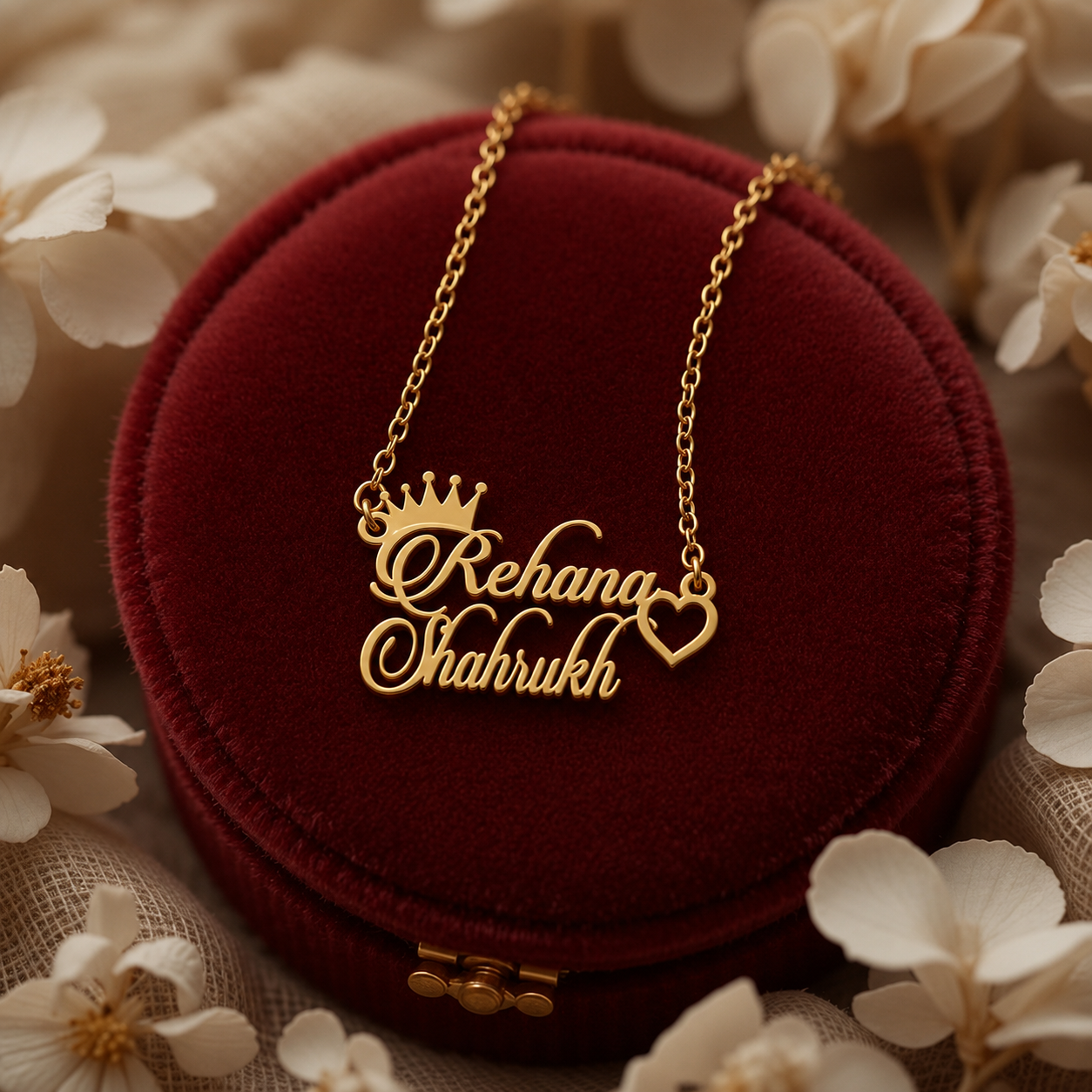 CUSTOM COUPLE NAME NECKLACE WITH CROWN & HEART – PERSONALIZED GOLD NAME PENDANT
