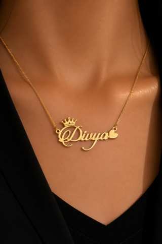 PERSONALIZED CROWN & HEART GOLD NAME PENDANT NECKLACE