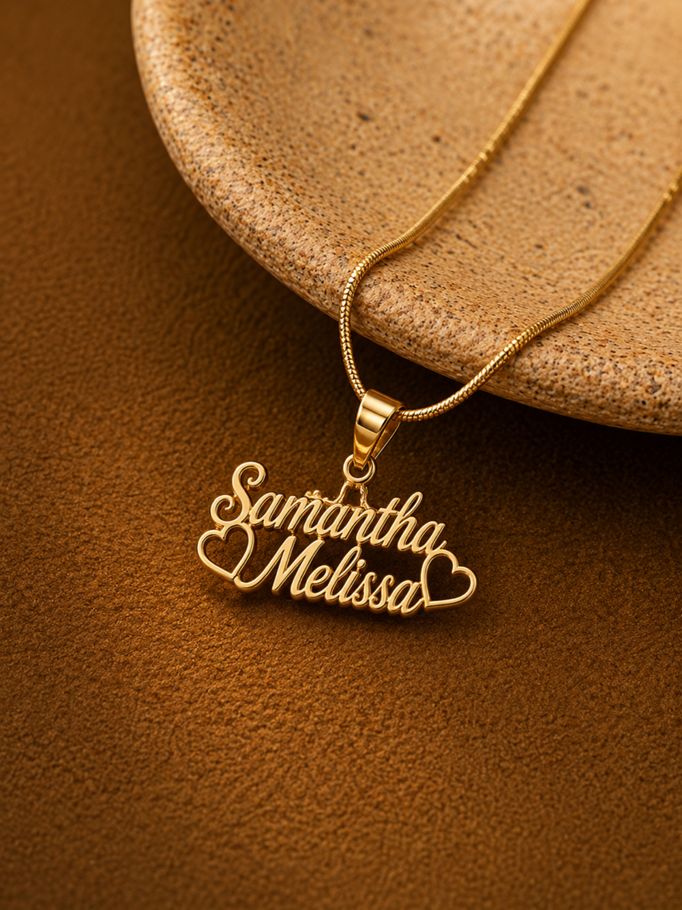 PERSONALIZED DOUBLE NAME NECKLACE WITH HEARTS – CUSTOM GOLD NAME PENDANT FOR WOMEN