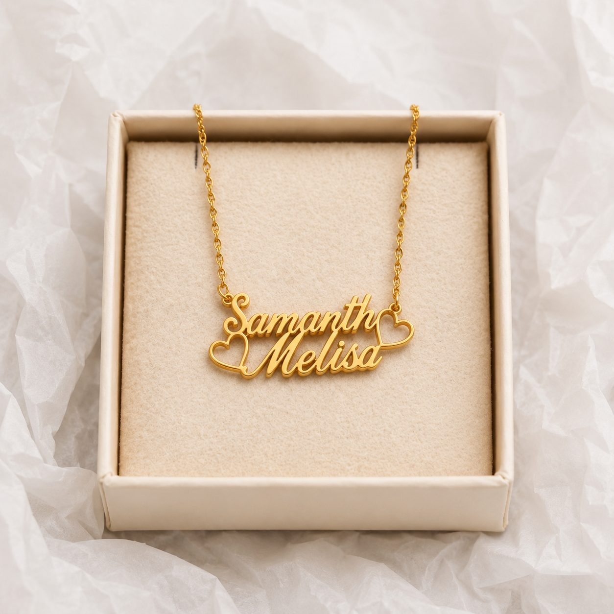 PERSONALIZED DOUBLE NAME NECKLACE WITH HEARTS – CUSTOM GOLD NAME PENDANT FOR WOMEN
