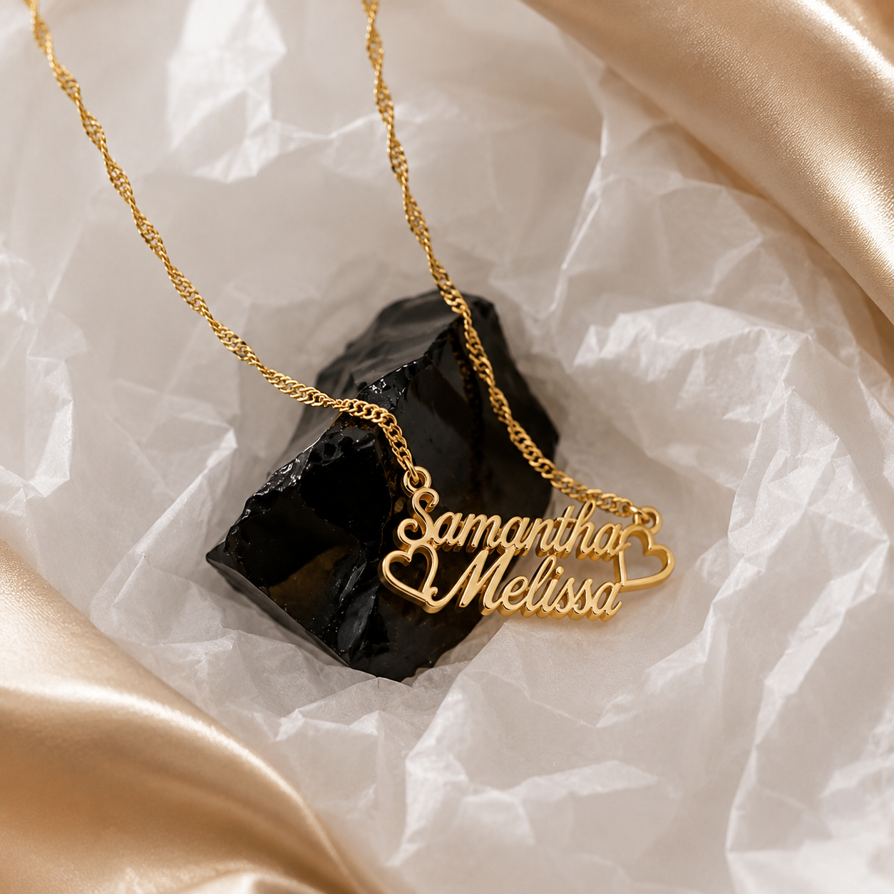 PERSONALIZED DOUBLE NAME NECKLACE WITH HEARTS – CUSTOM GOLD NAME PENDANT FOR WOMEN