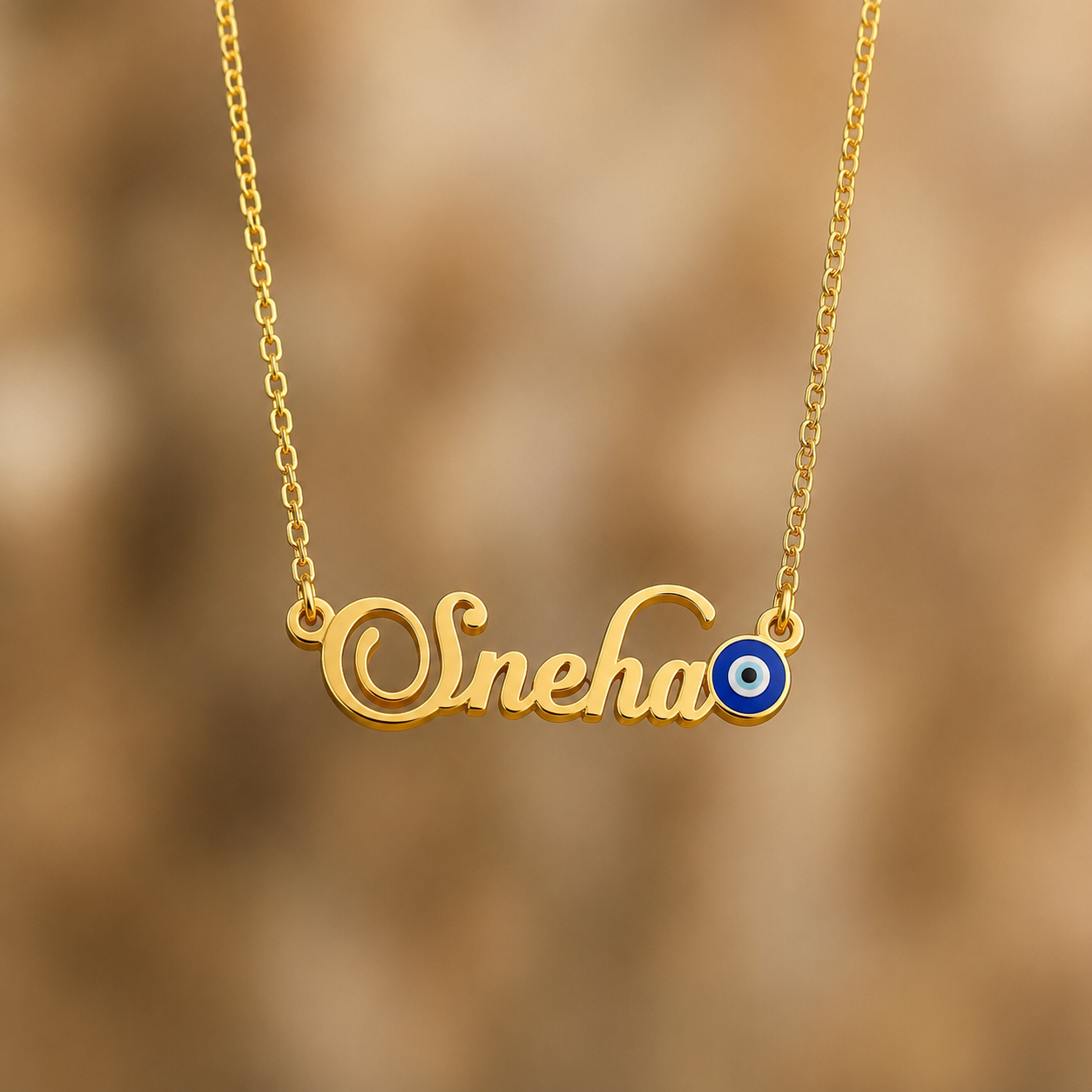 PERSONALIZED GOLD NAME NECKLACE WITH EVIL EYE CHARM – CUSTOM CURSIVE NAME PENDANT FOR WOMEN