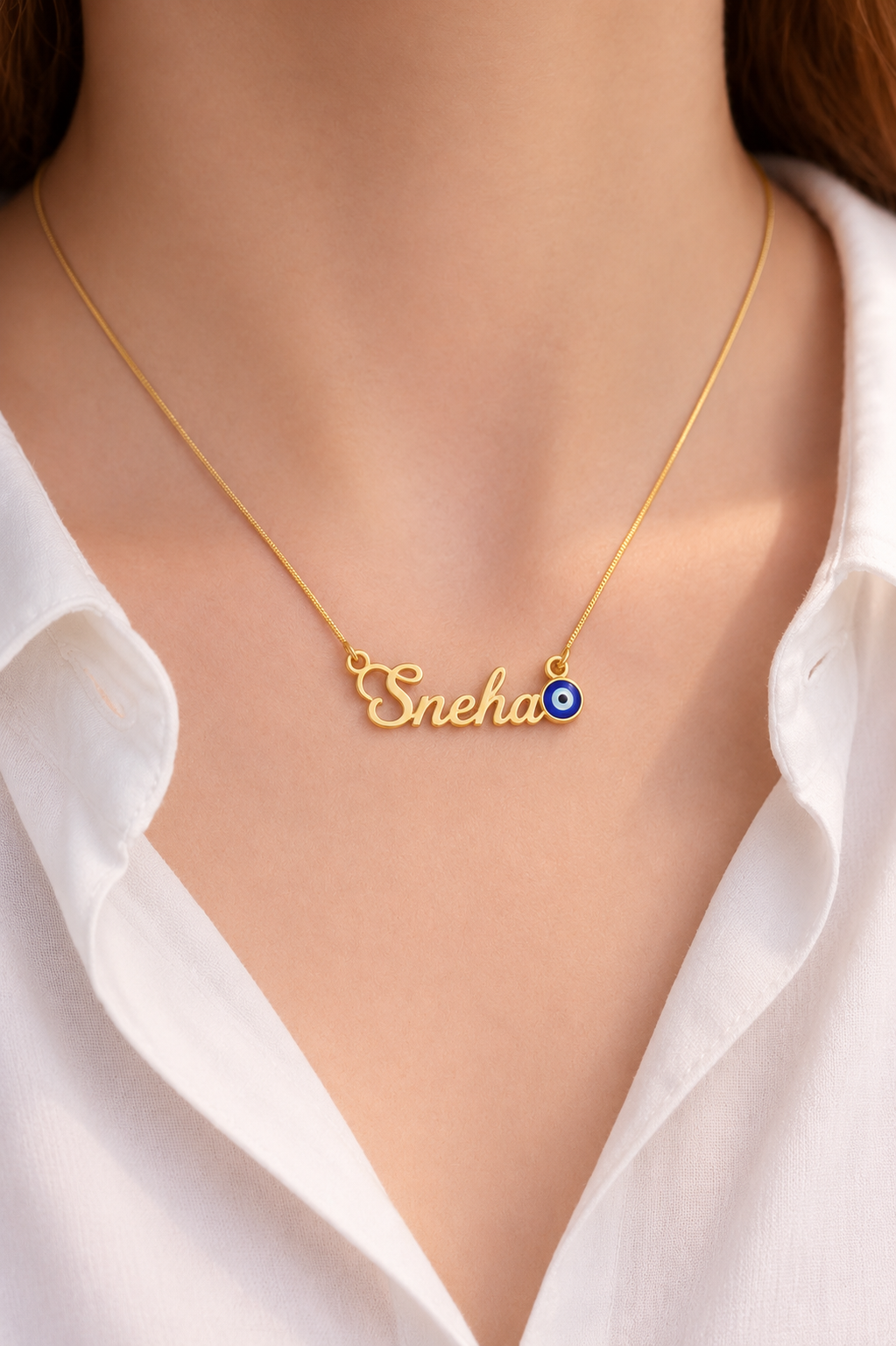 PERSONALIZED GOLD NAME NECKLACE WITH EVIL EYE CHARM – CUSTOM CURSIVE NAME PENDANT FOR WOMEN