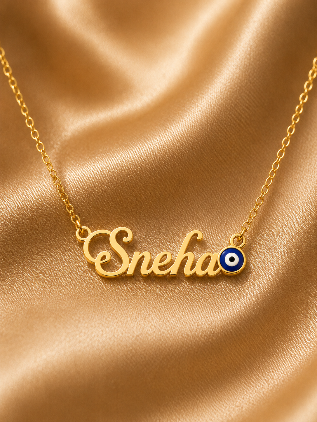 PERSONALIZED GOLD NAME NECKLACE WITH EVIL EYE CHARM – CUSTOM CURSIVE NAME PENDANT FOR WOMEN