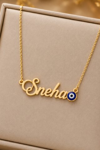 PERSONALIZED GOLD NAME NECKLACE WITH EVIL EYE CHARM – CUSTOM CURSIVE NAME PENDANT FOR WOMEN