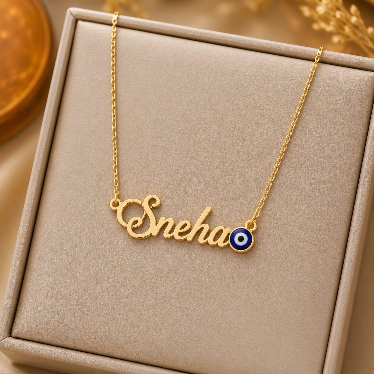 PERSONALIZED GOLD NAME NECKLACE WITH EVIL EYE CHARM – CUSTOM CURSIVE NAME PENDANT FOR WOMEN
